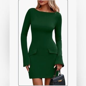 Fir Pine Green Knit Long Sleeve Bodycon Boat Neck Mini Dress PrettyGarden Small